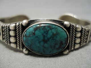 DETAILED THICK VINTAGE NAVAJO GREEN SPIDERWEB TURQUOISE STERLING SILVER BRACELET 3