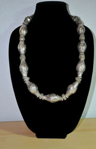 Vintage Silver Bead Necklace From India Has 2 Inch Long Etched Beads 30 " Long