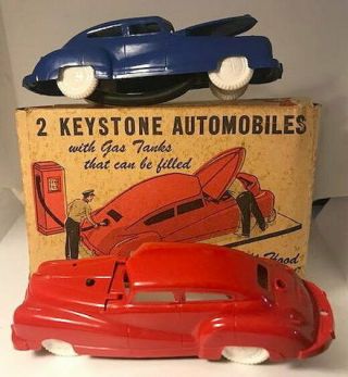 Vintage Keystone Blue & Red Plastic Cars Fillable Gas Tanks With Htf Box