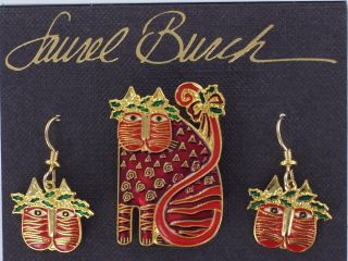 Laurel Burch Holiday Cat Earrings & Pin Set Christmas Festive Feline Vintage