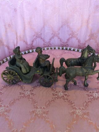 Antique Cast Iron Toy Horse Drawn Wagon With Driver And Passenger Usa