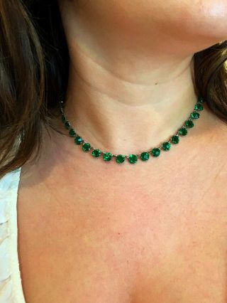 Vintage Antique Art Deco Emerald Green Crystal Paste Glass Open Back Necklace 3