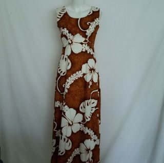 Vintage Royal Hawaiian Barkcloth Maxi Dress Size 10 Brown Hibiscus Blacklight