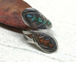 Vintage Navajo Tommy Singer Sterling Turquoise & Coral Chip Inlay Bypass Ring
