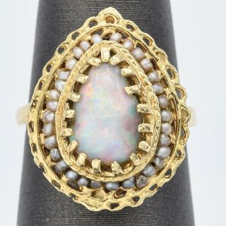 Vintage 14k Yellow Gold Opal & Sea Pearl Filigree Ring 4.  4 Grams