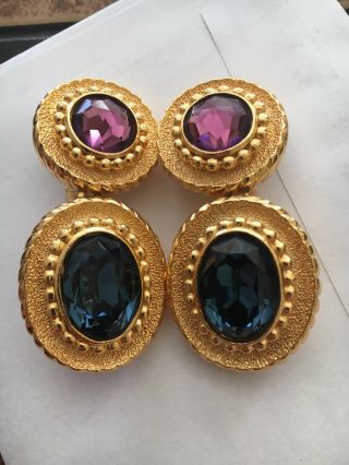 Vintage Christian Dior Chunky Gold Tone Earrings With Blue Purple Large Stones