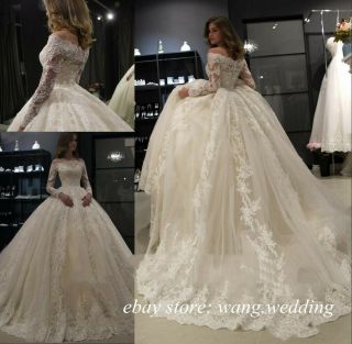 Long Sleeves Appliqued Lace Ball Gown Wedding Dress Vintage Princess Bridal Gown
