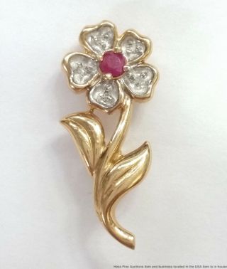 14k Yellow Gold Vintage Diamond Natural Ruby Flower Pin Brooch