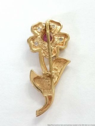 14k Yellow Gold Vintage Diamond Natural Ruby Flower Pin Brooch 2