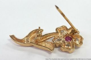 14k Yellow Gold Vintage Diamond Natural Ruby Flower Pin Brooch 3