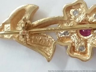 14k Yellow Gold Vintage Diamond Natural Ruby Flower Pin Brooch 4
