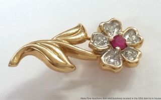 14k Yellow Gold Vintage Diamond Natural Ruby Flower Pin Brooch 6