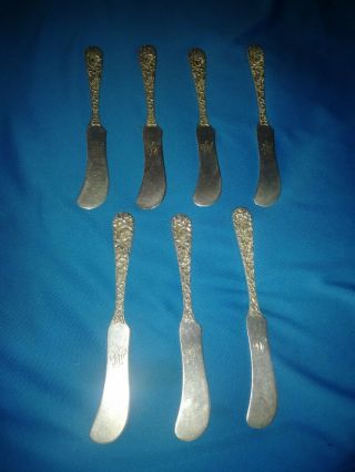 7 Vintage Stieff Sterling Silver Rose Repousse Butter Knives 189 Grams