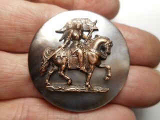 Joan Of Arc On Horse W/ Banner Brass On Shell Mop Vintage Button 1 - 1/2 " Rcw