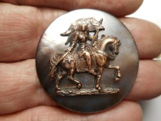 Joan of Arc on Horse w/ Banner Brass on Shell MOP Vintage Button 1 - 1/2 
