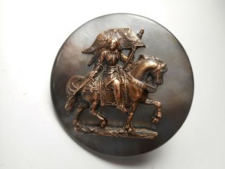 Joan of Arc on Horse w/ Banner Brass on Shell MOP Vintage Button 1 - 1/2 