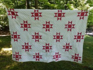 Sweet Vintage Hand Sewn Quilt Red & White Stars 57 X 42