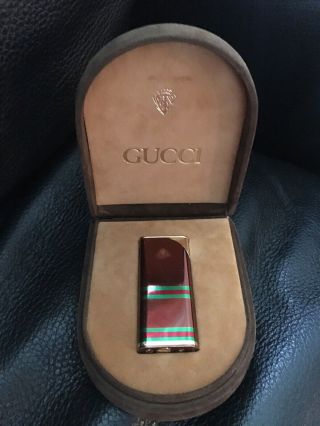 Gucci Signature Vintage Green And Red Stripe Lighter With Case