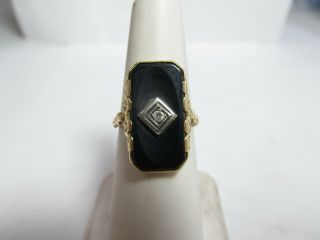 Vintage 10k Solid Gold Floral Ring With Onyx And Natural Diamond