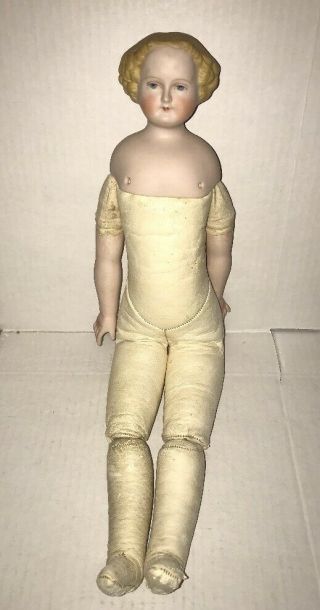 Antique French Fashion Doll Kid Leather Body 14” Bisque Head & Arms