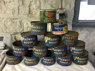 18 Vintage Maxwell House,  Kroger,  Argo And Del Monte Coffee Tins
