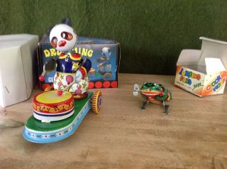 Vintage Wind - Up Drumming Panda Cart Tin Toy W/box & Key,  Jumping Frog,  Nib