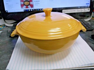 Vintage Fiesta Ware Yellow Footed Covered Casserole Dish Scroll Handles & Lid