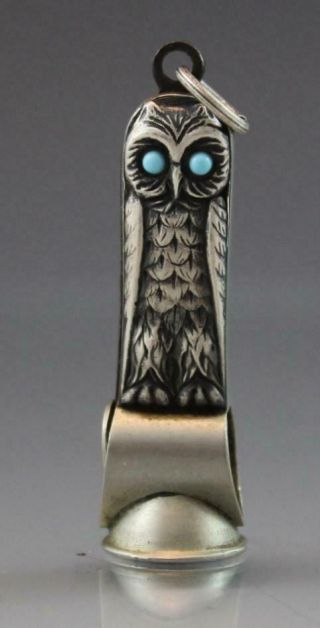 Antique Owl Cigar Cutter W/ Turquoise Eyes Sterling Germany