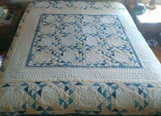 Vintage Hand - Stitched Quilt 82 " X 82 " Patchwork With Triangles White Blue Yellow