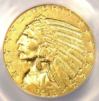 1913 Indian Gold Half Eagle $5 Coin - Certified Anacs Au58 - Rare Coin
