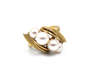 Vintage Retro Mikimoto Pearl Cluster Ring 14k Gold Designer Signed Size 4.  5