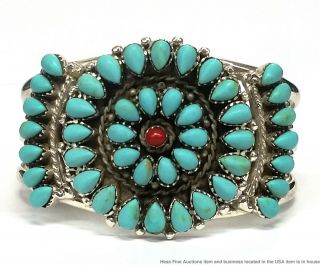 Vintage Sterling Silver Turquoise Coral Native American Huge Wide Cuff Bracelet