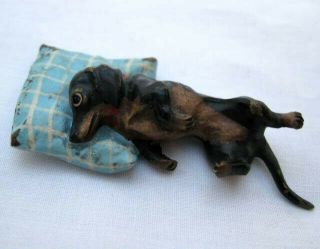 Vintage Austrian Cold Painted Bronze Miniature Sculpture Dachshund Dog On Pillow