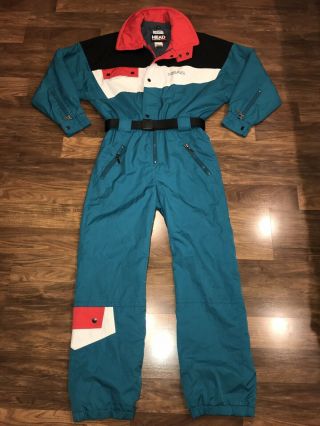 Vtg 80s 90s Teal Head Mens Medium One Piece Ski Suit Snow Bib Snowsuit Gaper Day