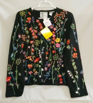 Vtg Michael Simon Black Button Front Cardigan Embroidered Floral Sz Large (n)