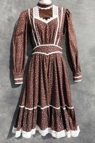 Gunne Sax Vintage Prairie Boho Dress Sz 9 Lace Satin Velvet Floral W/pockets