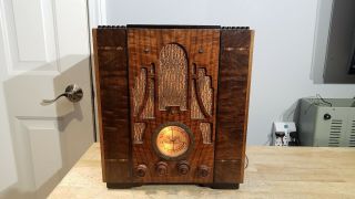 Antique Old Wood Tombstone 1935 Atwater Kent 145 Art Deco Tube Vintage Radio