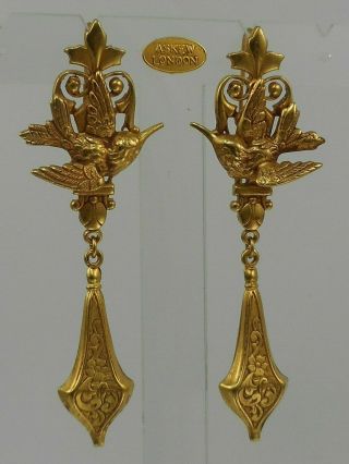 Askew London Long Hook Hummingbird And Ornate Drop Earrings