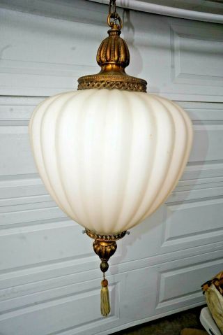 Vintage White Glass Swag Hanging Lamp Complete Large Mcm Regency Hot Air