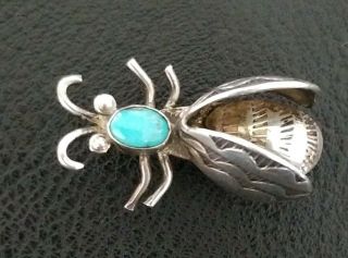Vintage Old Pawn Navajo Turquoise Sterling Silver Bug Insect Pin Brooch Estate