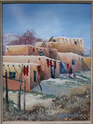 Vintage Artist Signed Oil Painting Pueblo Village