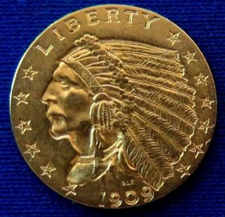 Rare 1909 $2.  50 Dollar United States Indian Head Quarter Eagle Gold Coin $2 1/2