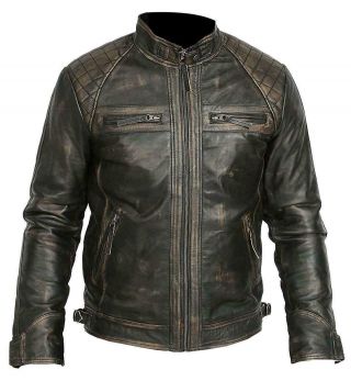 Mens Distressed Vintage Retro Style Zipped Biker Jacket Real Leather Soft Casual