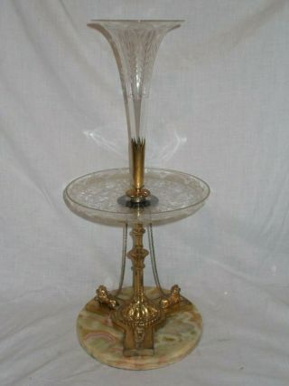Antique Victorian French Cut Glass Ormolu Brass Marble Lions Centrepiece Epergne