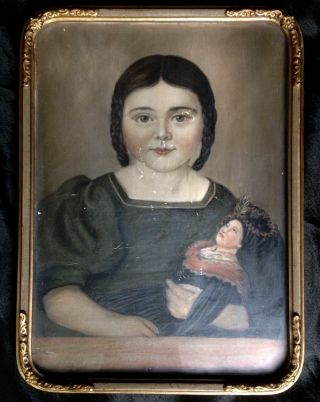 Louise 1835 Antique Portrait Miniature Naive Folk Art Girl In Plaits German Doll