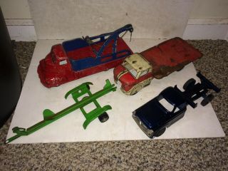 4 Vintage 40s/50s/60s Truck Toys,  Trailer,  Pressed Steel,  Tin,  Slik,  Kipp,  Hubley,  Marx