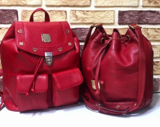 100 Authentic Mcm Leather Red Vintage Backpack & Drawstring 2 Set Bags