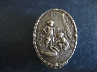 Antique Miniature Pill Box Marked 800 Silver Ornate Cherubs Elves And Swan