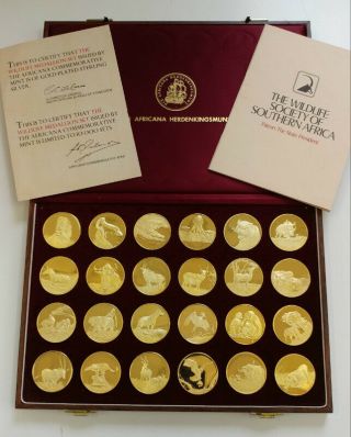 Rare 1975 The Wildlife Society South Africa Gold Over Sterling Silver 24 Pc Set