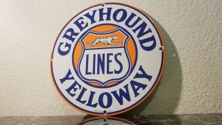Vintage Greyhound Yelloway Lines Porcelain Gas Auto Bus Transportation Sign